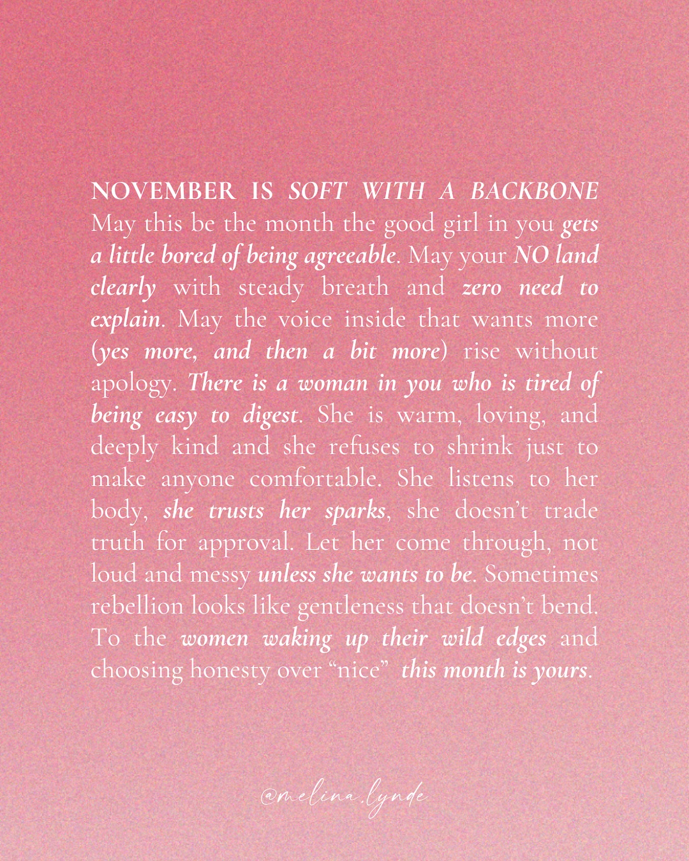 November::

Not the good girl.
Not the agreeable one.
But a warm woman with clean boundaries and fire, and a body that remembers her power.

November feels like that. 🌀🔥

Who’s with me?!